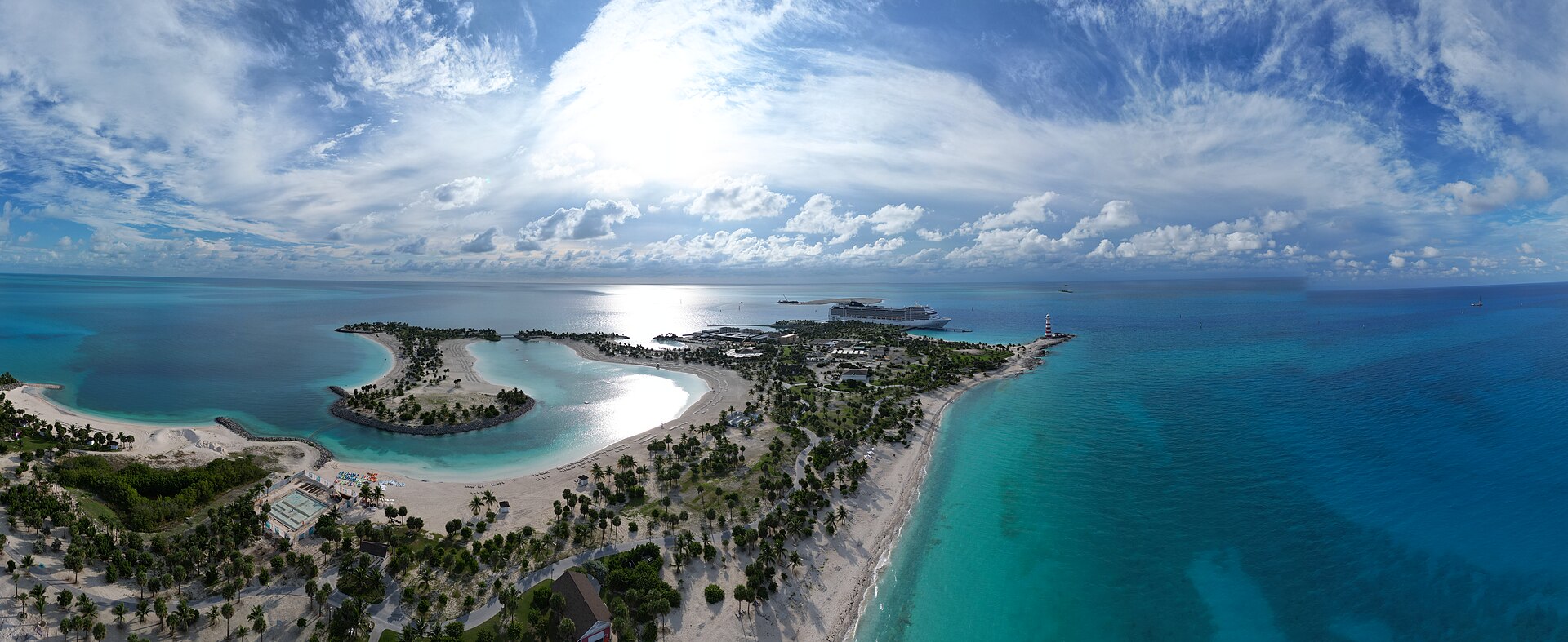 Panoramic aerial view of Ocean Cay MSC Marine Reserve in The Bahamas