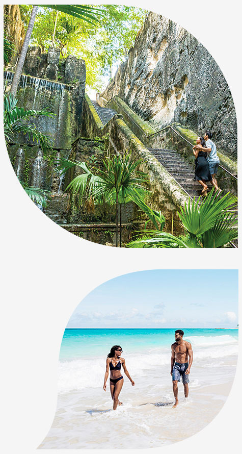 The historic Queen's Staircase in Nassau framed by limestone and greenery